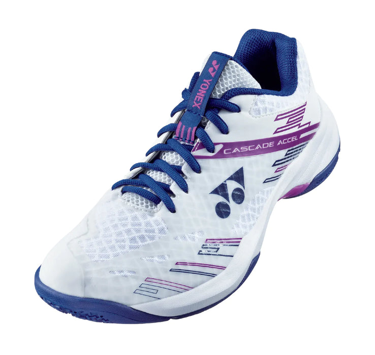 Yonex PC Cascade Accel (Wide) White/Purple Badminton Court Shoes 2024 on sale at Badminton Warehouse