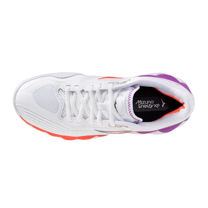 Top view of Mizuno Wave Enforce Tour 2 AC Women's pickleball and tennis shoe showing lacing, padded collar and Mizuno Enerzy NXT insole