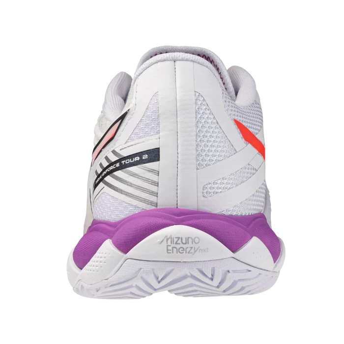 Rear view of Mizuno Wave Enforce Tour 2 AC Women's pickleball and tennis shoe showing Mizuno Enerzy NXT heel cushioning