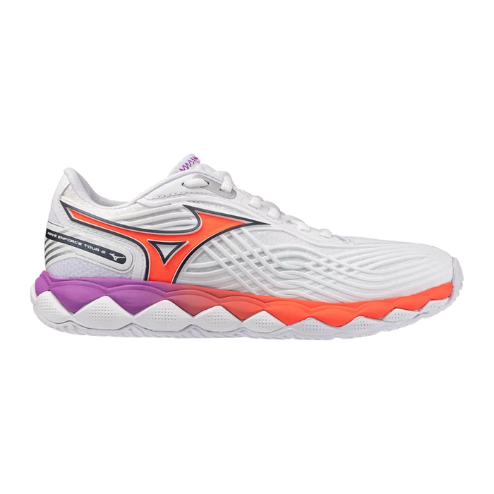 Mizuno Wave Enforce Tour 2 AC Women's pickleball and tennis shoe in White Pinkesque, lateral side view