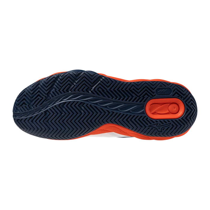 Outsole view of Mizuno Wave Enforce Court 2 AC Men's pickleball and tennis shoe showing navy X10 carbon rubber outsole and multidirectional traction pattern