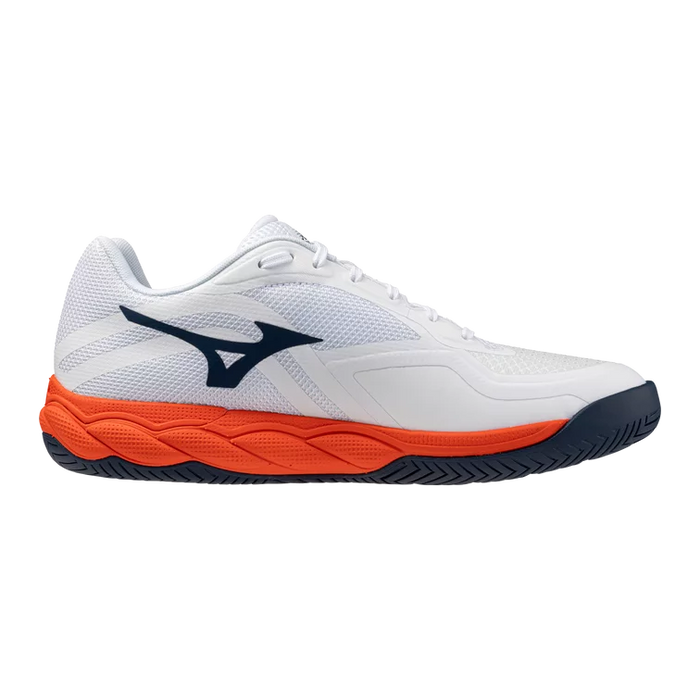 Medial side view of Mizuno Wave Enforce Court 2 AC Men's pickleball and tennis shoe with white upper, navy Mizuno logo and orange midsole