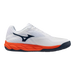 Medial side view of Mizuno Wave Enforce Court 2 AC Men's pickleball and tennis shoe with white upper, navy Mizuno logo and orange midsole