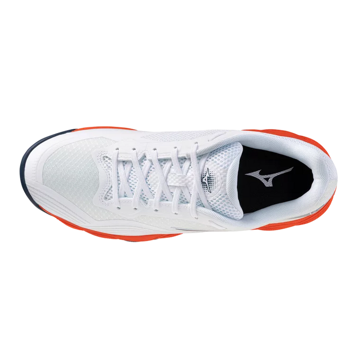 Top view of Mizuno Wave Enforce Court 2 AC Men's pickleball and tennis shoe showing white mesh upper, lacing and padded collar