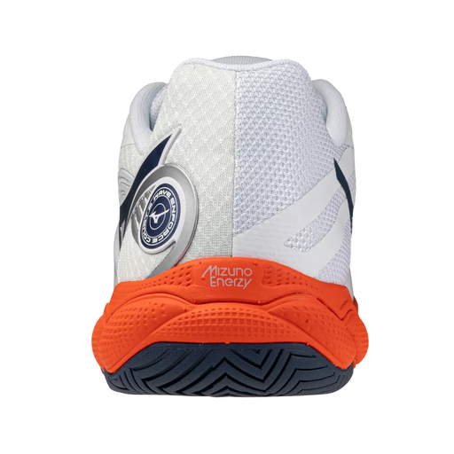 Rear view of Mizuno Wave Enforce Court 2 AC Men's pickleball and tennis shoe showing MIZUNO ENERZY heel cushioning and navy outsole