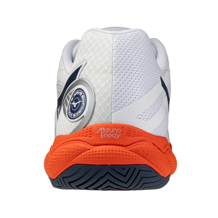 Rear view of Mizuno Wave Enforce Court 2 AC Men's pickleball and tennis shoe showing MIZUNO ENERZY heel cushioning and navy outsole