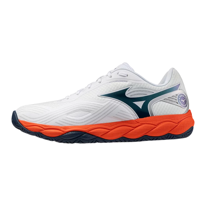 Mizuno Wave Enforce Court 2 AC Men's pickleball and tennis shoe in white, navy and orange, side profile view