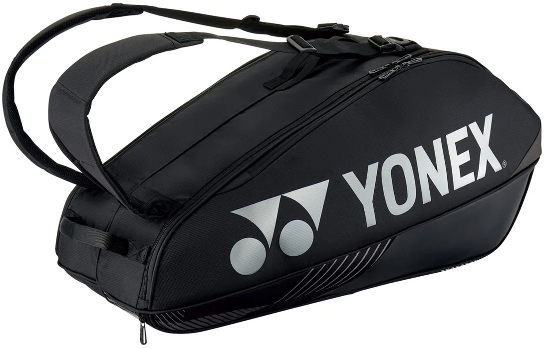 Yonex Pro Racquet Bag 6 Black tennis and badminton bag with silver Yonex logo and backpack straps