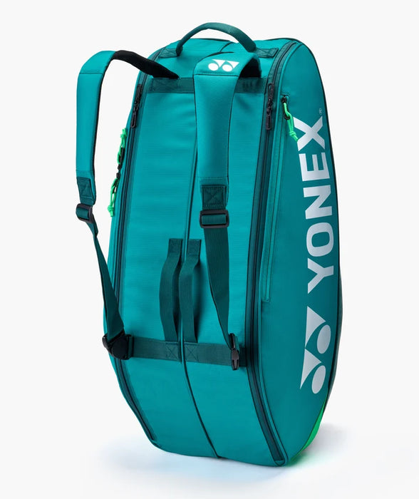 Rear view of Yonex Pro Racquet Bag 6 BA92426 in Teal Green with adjustable padded backpack shoulder straps
