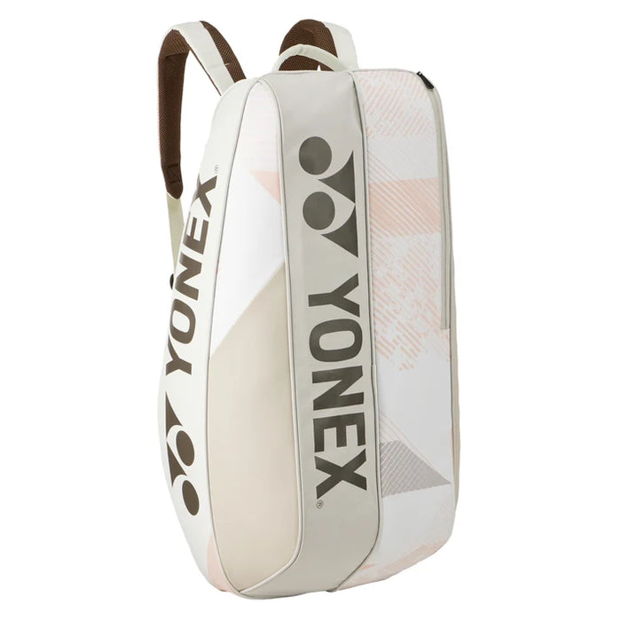 Yonex Pro Racquet Bag 6 Sand Beige upright front view with Yonex logos and backpack straps