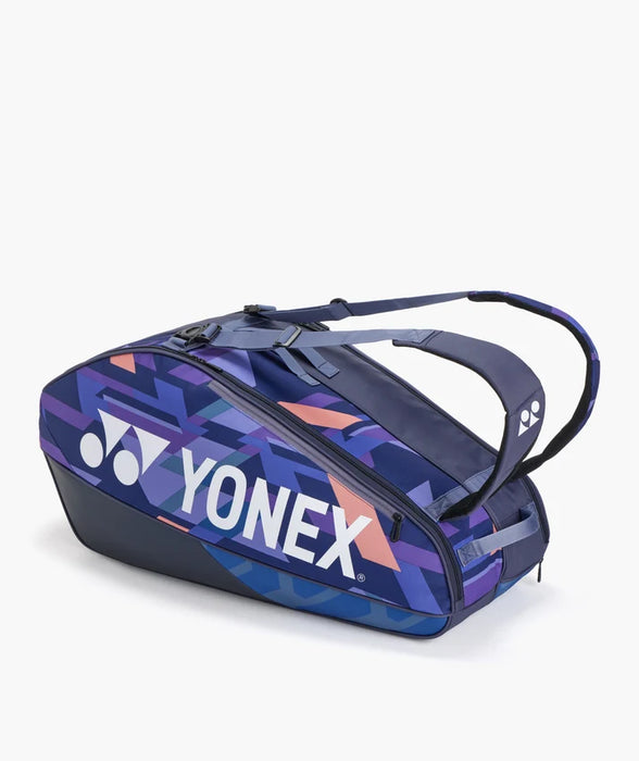 Yonex Pro Racquet Bag 6 Midnight Navy side view with geometric graphics and large white Yonex logo