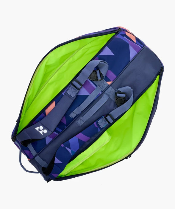 Yonex Pro Racquet Bag 6 Midnight Navy open compartment view showing adjustable backpack straps and bright green lining