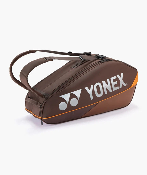 Yonex Pro Racquet Bag 6 Espresso Brown side profile with silver Yonex branding and backpack carrying straps