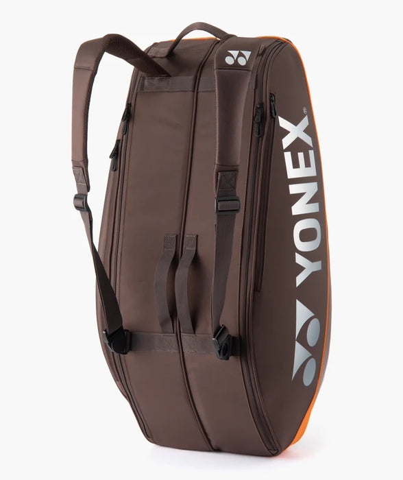 Yonex Pro Racquet Bag 6 Espresso Brown rear view showing padded adjustable backpack shoulder straps