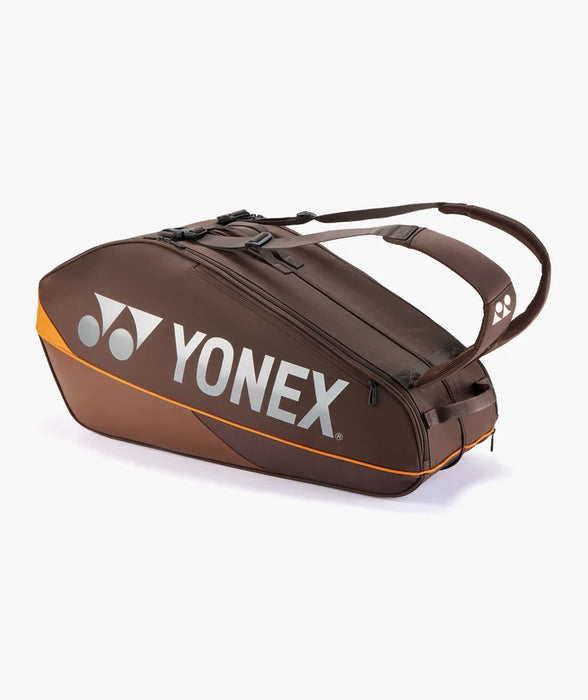 Yonex Pro Racquet Bag 6 Espresso Brown side view with silver Yonex logo and orange trim