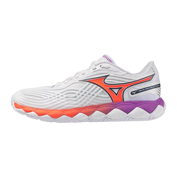Mizuno Wave Enforce Tour 2 AC Women's pickleball and tennis shoe in White Pinkesque, lateral side view