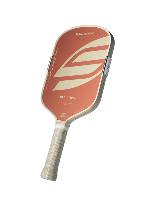 Selkirk Boomstik Elongated Canyon Clay paddle, angled view of face and edge
