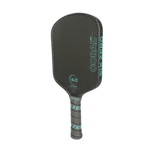 Six Zero Coral Pro Widebody 16mm pickleball paddle in Electric Blue, angled side view