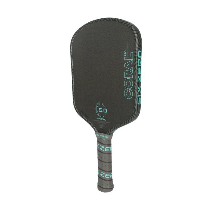 Six Zero Coral Pro Widebody 16mm pickleball paddle in Electric Blue, angled side view