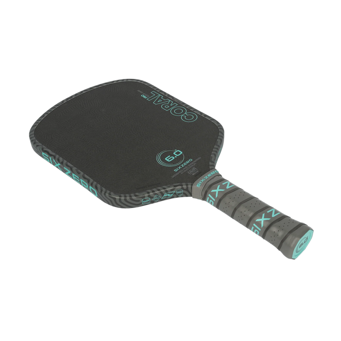Six Zero Coral Pro Widebody 16mm pickleball paddle in Electric Blue, diagonal face and grip view