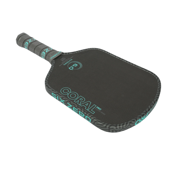 Six Zero Coral Pro Widebody 16mm pickleball paddle in Electric Blue, diagonal paddle view