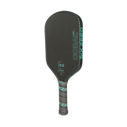 Six Zero Coral Pro Hybrid 16mm pickleball paddle in Electric Blue, angled side view