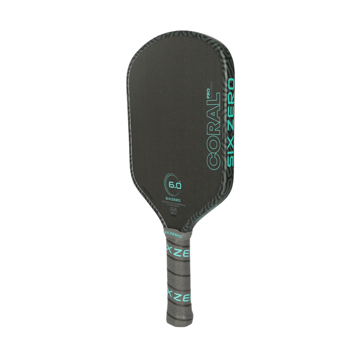 Six Zero Coral Pro Hybrid 16mm pickleball paddle in Electric Blue, angled side view
