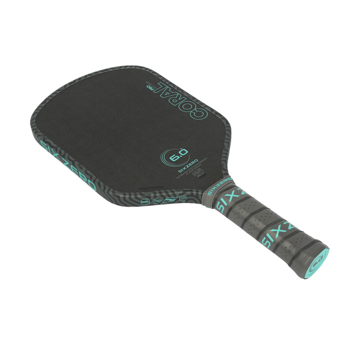 Six Zero Coral Pro Hybrid 16mm pickleball paddle in Electric Blue, diagonal face and grip view