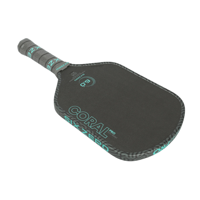 Six Zero Coral Pro Hybrid 16mm pickleball paddle in Electric Blue, diagonal paddle view