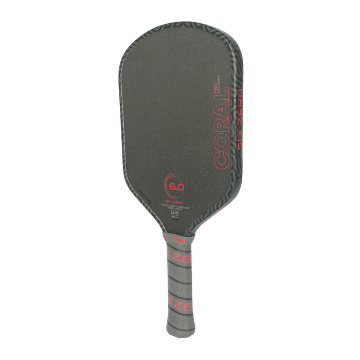 Six Zero Coral Pro Hybrid 16mm pickleball paddle in Infrared, angled side view