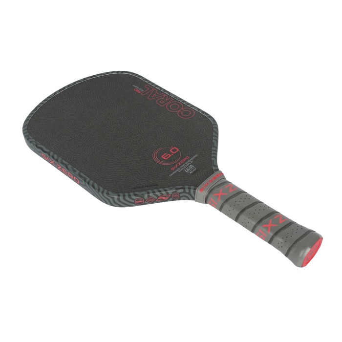 Six Zero Coral Pro Hybrid 16mm pickleball paddle in Infrared, diagonal face and grip view
