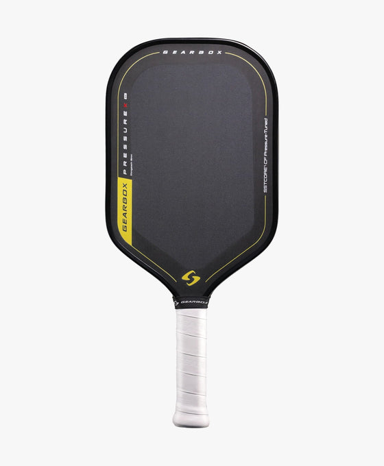 Gearbox Pressure X 8E Elongated pickleball paddle, front view with black face, yellow accents and white grip