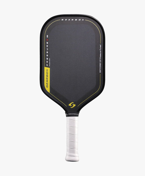 Gearbox Pressure X 8E Elongated pickleball paddle, front view with black face, yellow accents and white grip