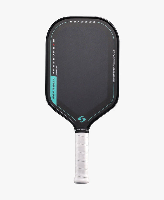 Gearbox Pressure X 8M Elongated pickleball paddle, front view with black face, teal accents and white grip