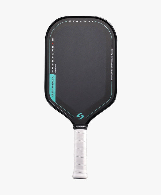 Gearbox Pressure X 8M Elongated pickleball paddle, front view with black face, teal accents and white grip