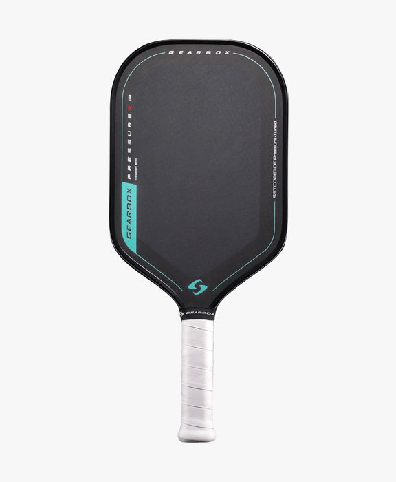 Gearbox Pressure X 8M Elongated pickleball paddle, front view with black face, teal accents and white grip