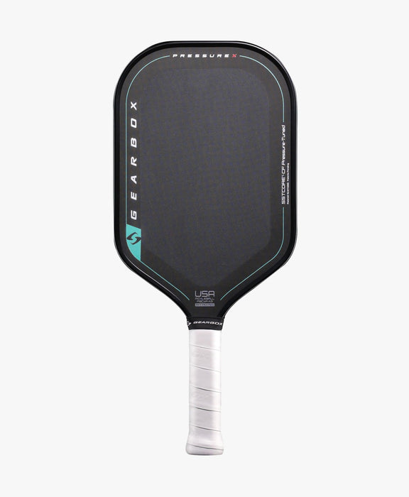 Gearbox Pressure X 8M Elongated paddle, full reverse view with Pressure X and USA Pickleball markings