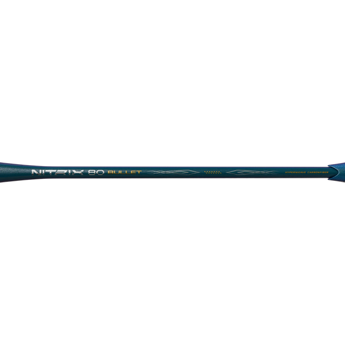 Hundred Nitrix 80 Bullet badminton racket shaft branding and Hyperweave Carbonfiber detail