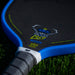 LOCO Elongated Azul paddle close-up showing carbon face, blue edge and gray grip