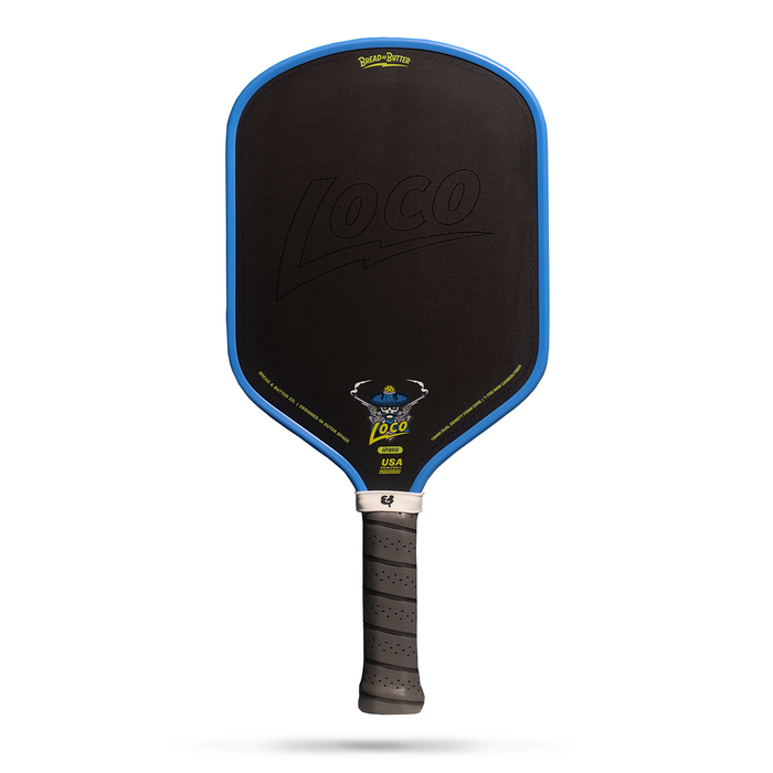 Bread & Butter LOCO 16mm Hybrid Azul paddle, front view with blue edge and gray grip