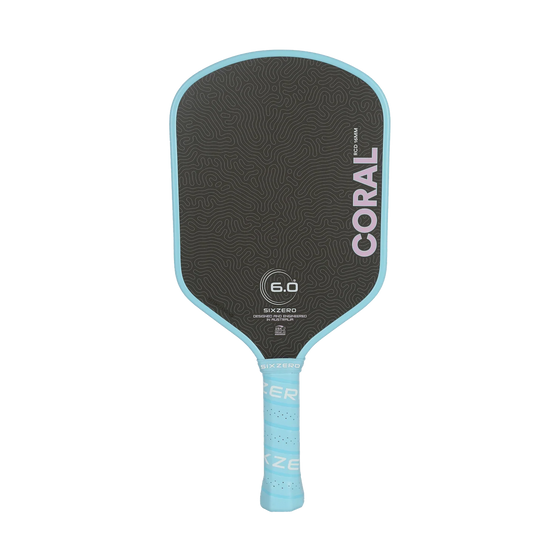 Six Zero Coral Lightweight Hybrid 16mm pickleball paddle in Misty Blue, front view