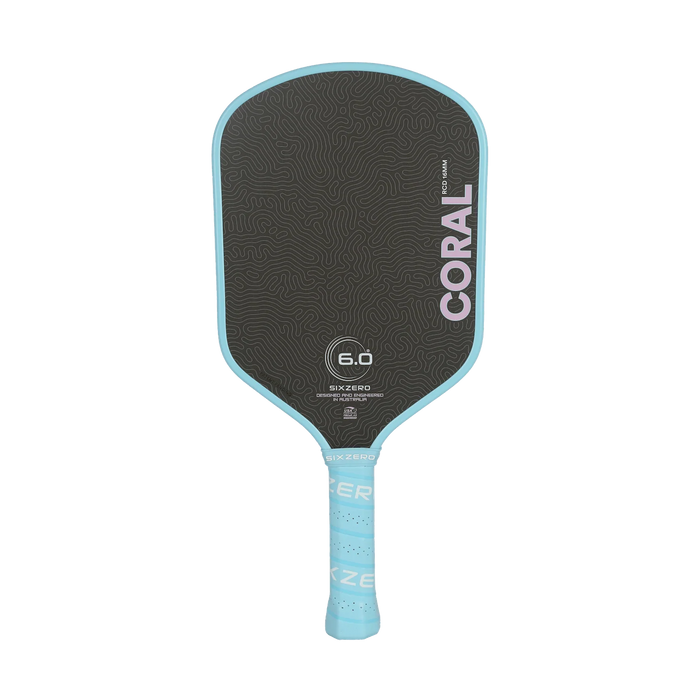 Six Zero Coral Lightweight Hybrid 16mm pickleball paddle in Misty Blue, front view