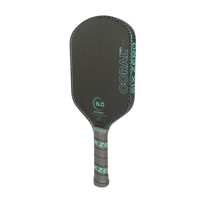 Six Zero Coral Pro Elongated 16mm pickleball paddle in Electric Blue, angled side view