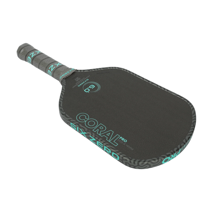 Six Zero Coral Pro Elongated 16mm pickleball paddle in Electric Blue, diagonal paddle view