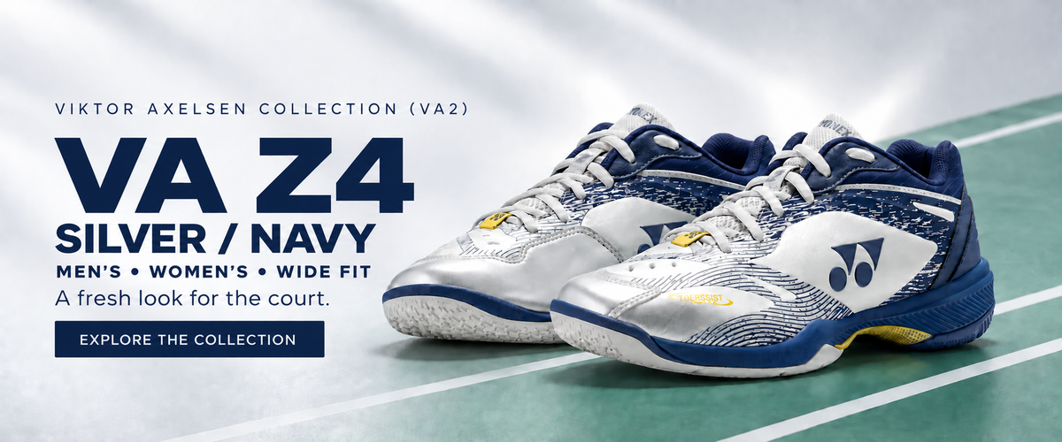 Viktor Axelsen Collection VA2: VA Z4 Silver/Navy badminton shoes in men's, women's and wide fits.
