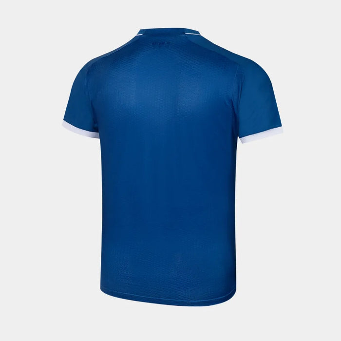 Victor T-65000F men's blue badminton shirt, rear view with white sleeve trim