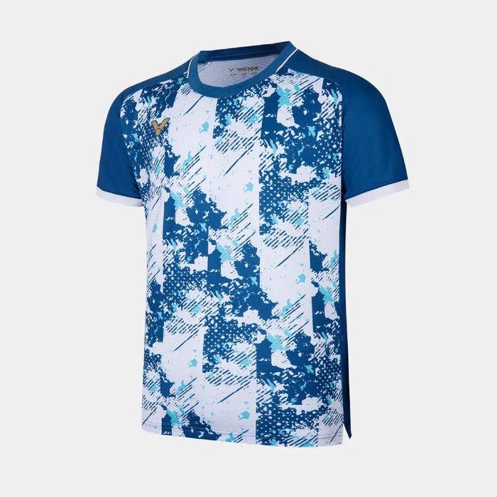 Victor T-65000F men's blue badminton shirt, front with white and pale blue graphic print