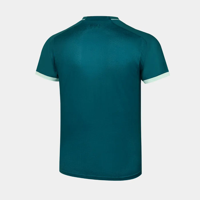 Back view of Victor T-65000G French Emerald badminton shirt showing green back and mint sleeve trim