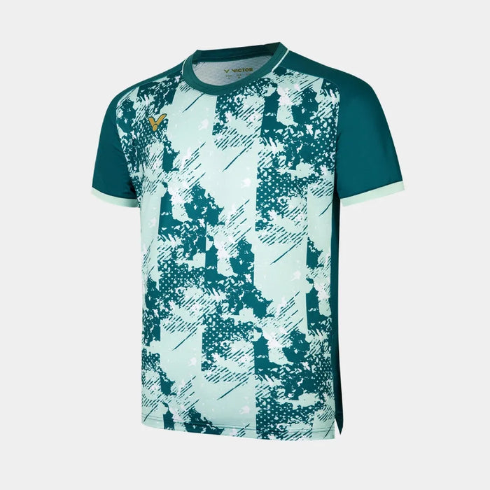 Front view of Victor T-65000G French Emerald badminton shirt with mint graphic print and crew neck