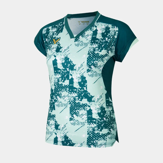 Front view of Victor T-66000G women's badminton shirt in French Emerald with mint graphic print and V-neck